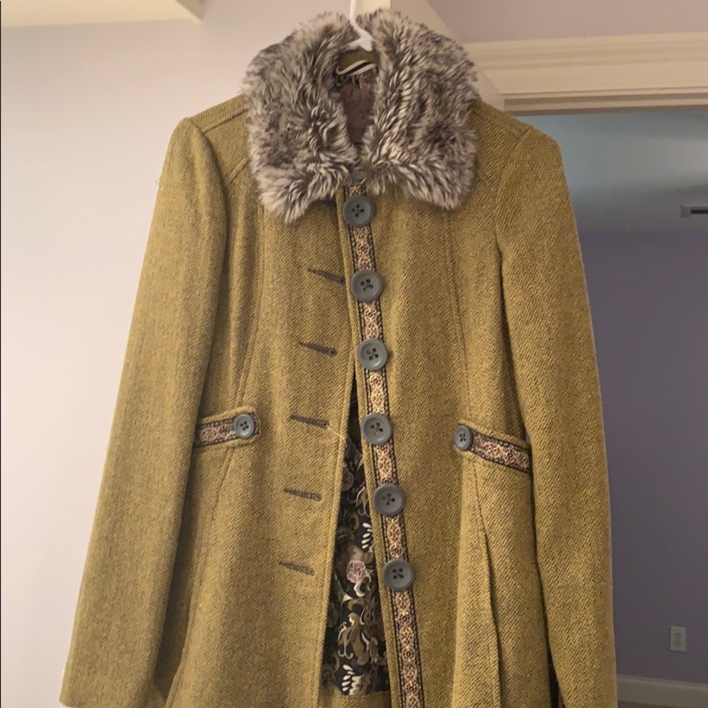 Free People green tweed jacket fur collar